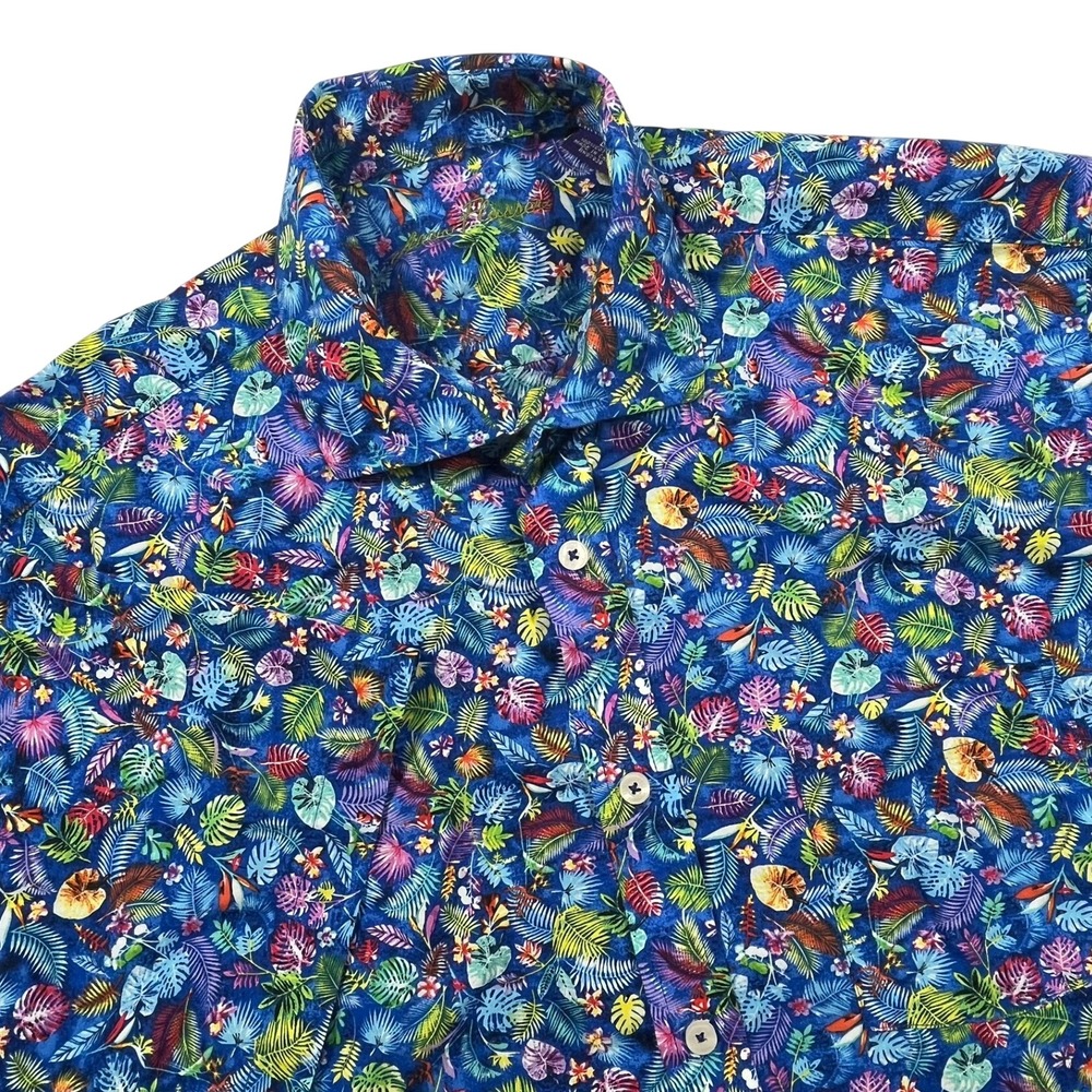 Alan Flasser Tropical Floral Shirt Mens Large Blue Cotton Short Sleeve Hawaiian